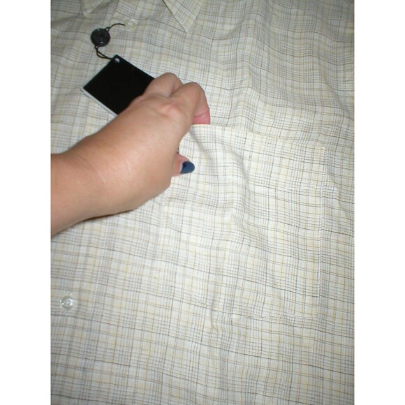 New Mens L NWT Guy Laroche Homme France Designer Shirt Yellow Brown Linen Plaid - Picture 3 of 5